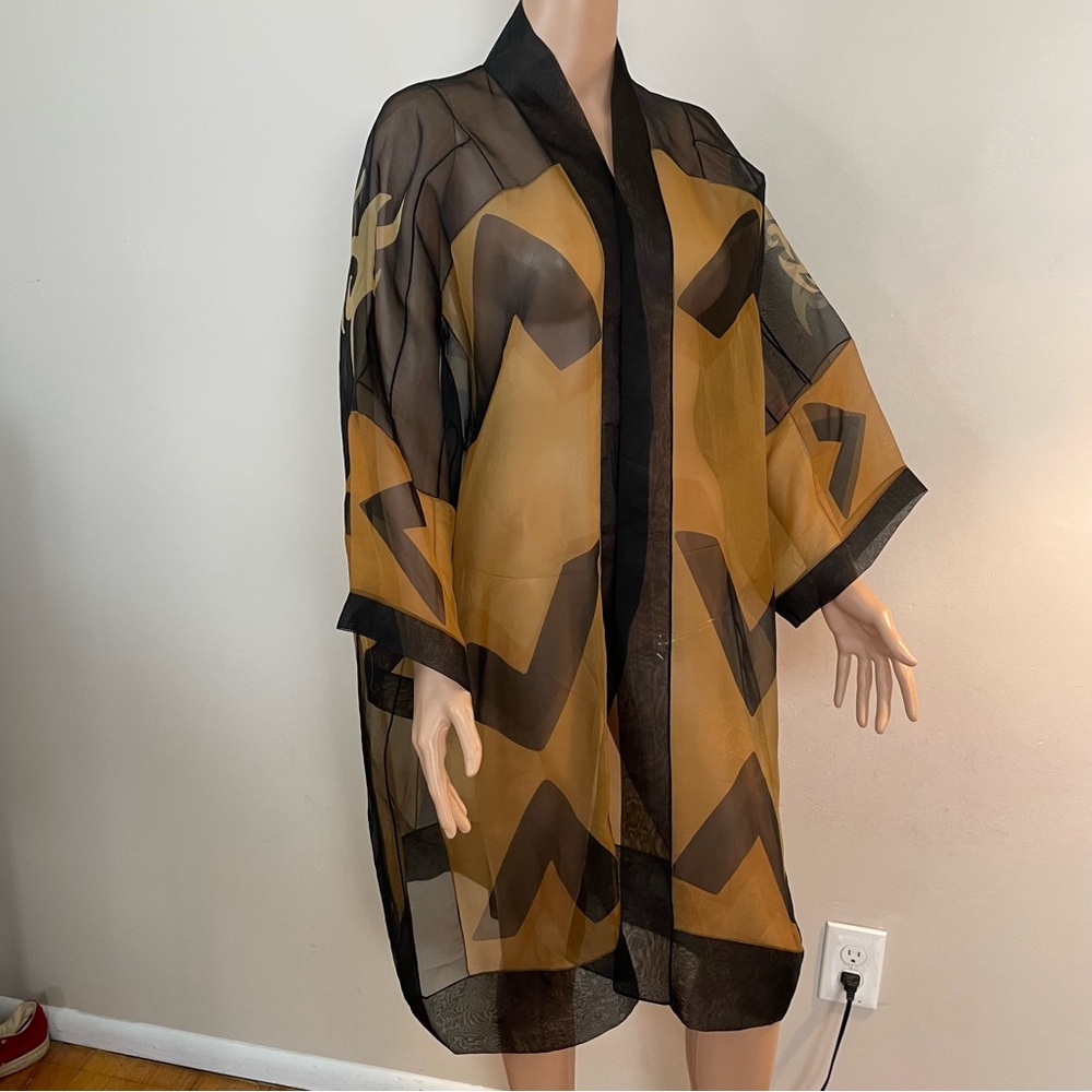 Women's VINTAGE Black & Brown Geometric CHIFFON Sheer DESIGNER KIMONO Jacket